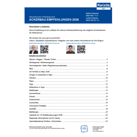 Ackerbau-Empfehlungen 2026 - OÖ West, Sbg., T., Vlbg. 
